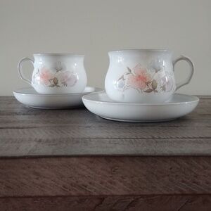 Denby England set of two heavy teacups and saucers with pink blue flowers
